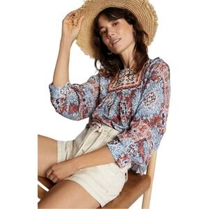 Anthropologie Seen Worn Kept Womens Blue Embroidered Peasant Minuet Blouse XS